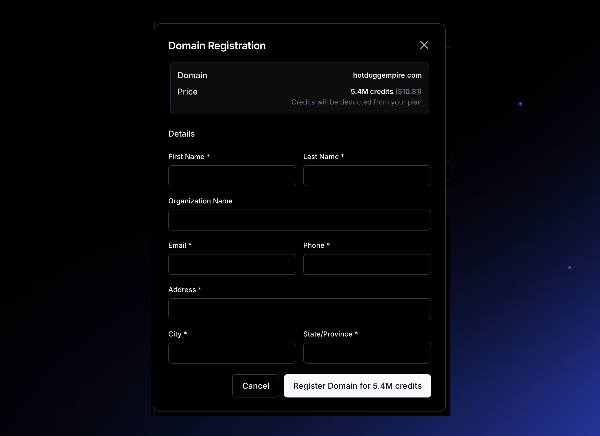 Register your domain in seconds using your Macaly credits with no third party needed.