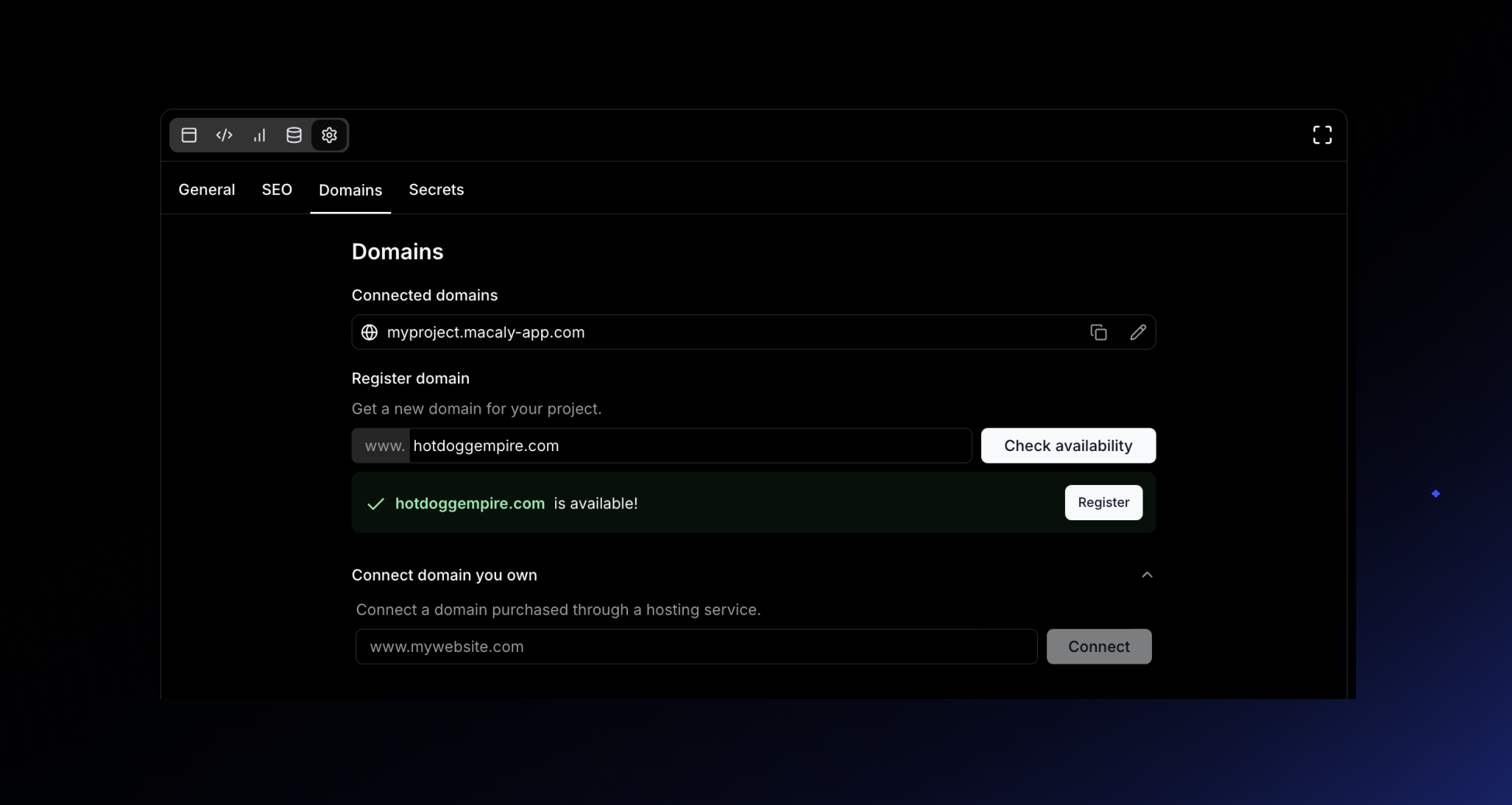 Check if your dream domain is available and register it directly in Macaly.