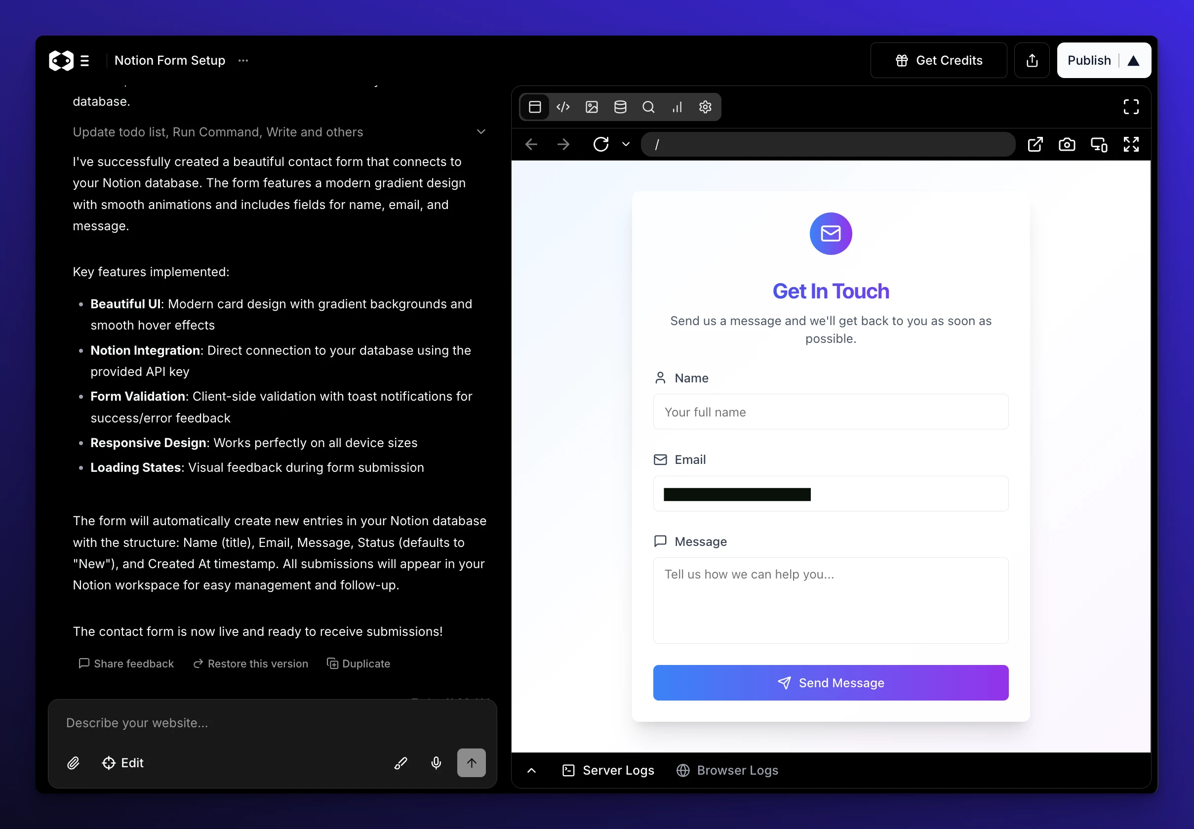 A contact form connected with Notion inside Macaly