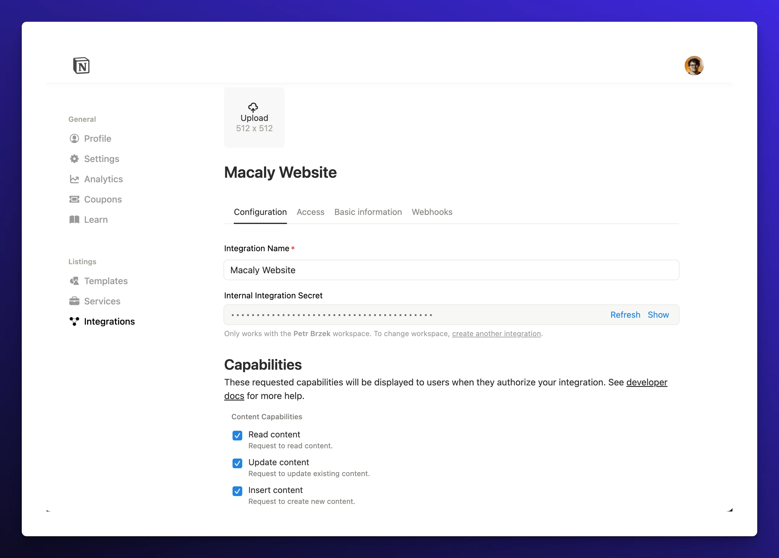 The Notion integration settings page with the 'Internal Integration Token' highlighted.