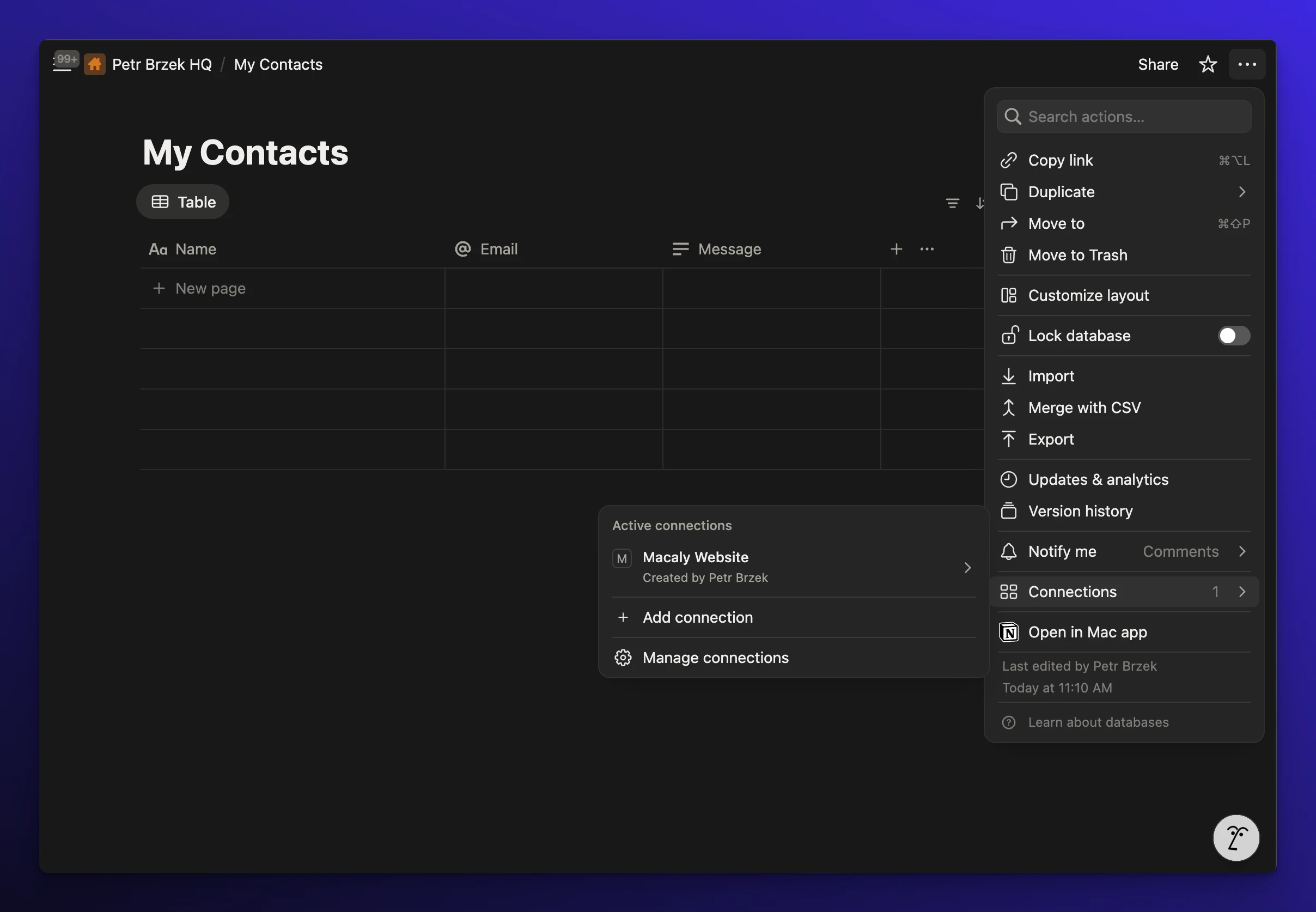 The Notion integration connected with the Notion page